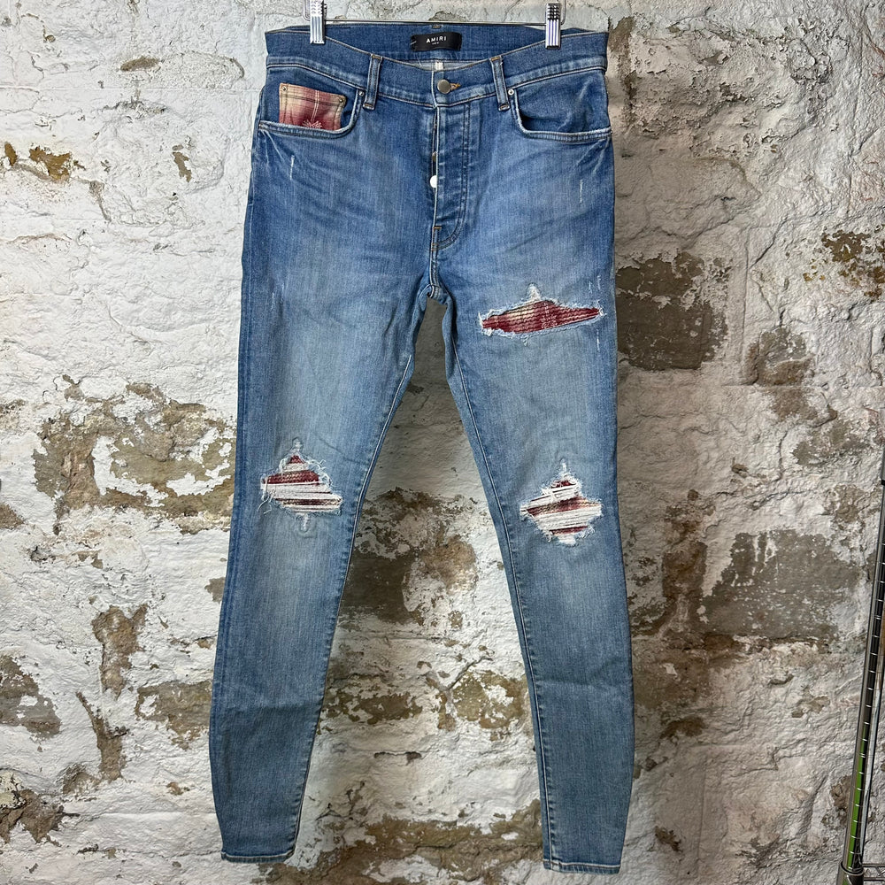 Amiri MX1 Red Plaid Quad Blue Denim Jeans Sz 31