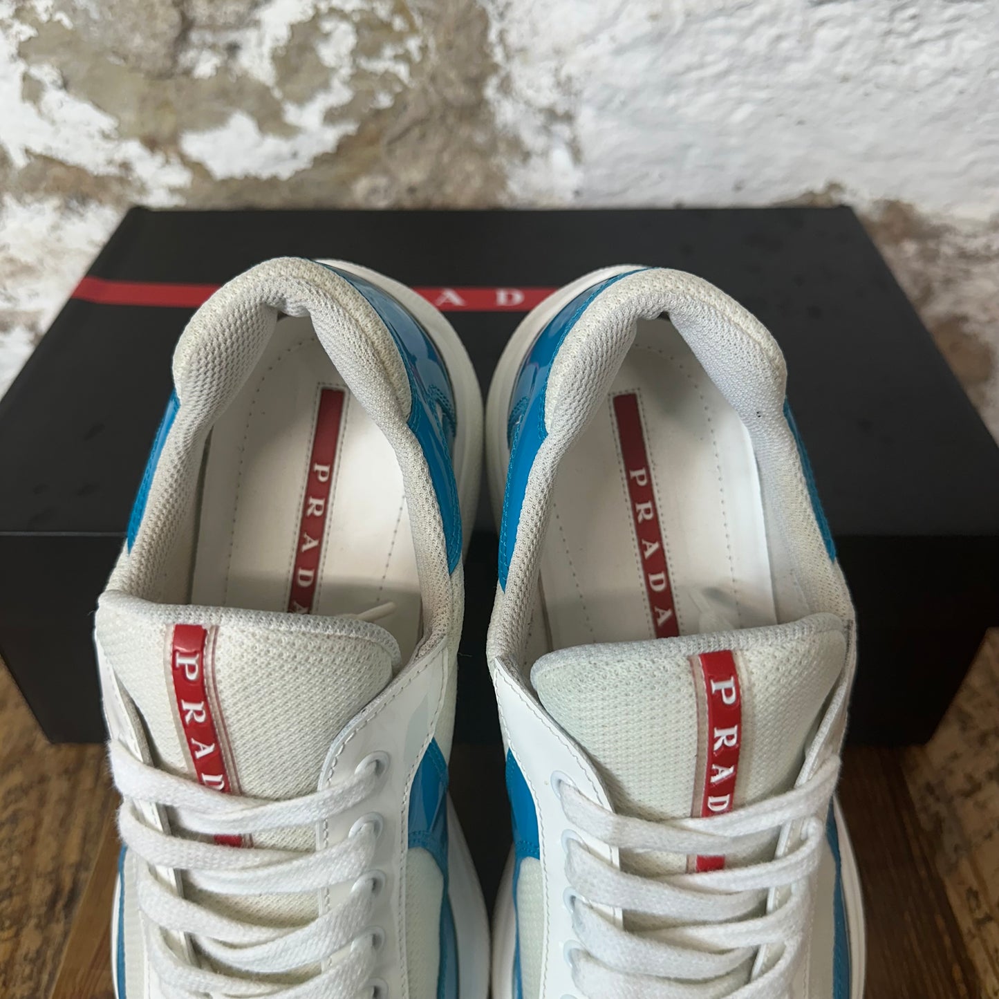Prada Americas Cup Teal Patent Cream White Sneaker Sz 8.5