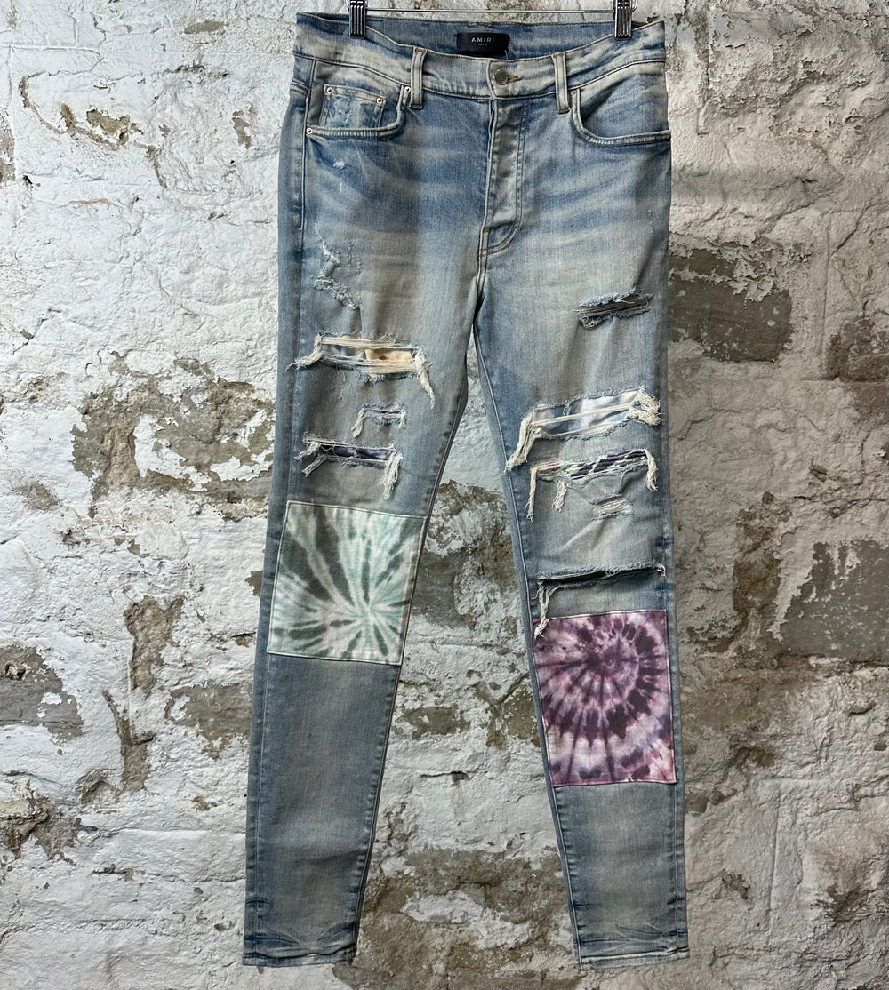 Amiri MX1 Tie Dye Patches Blue Denim Jeans Sz 32
