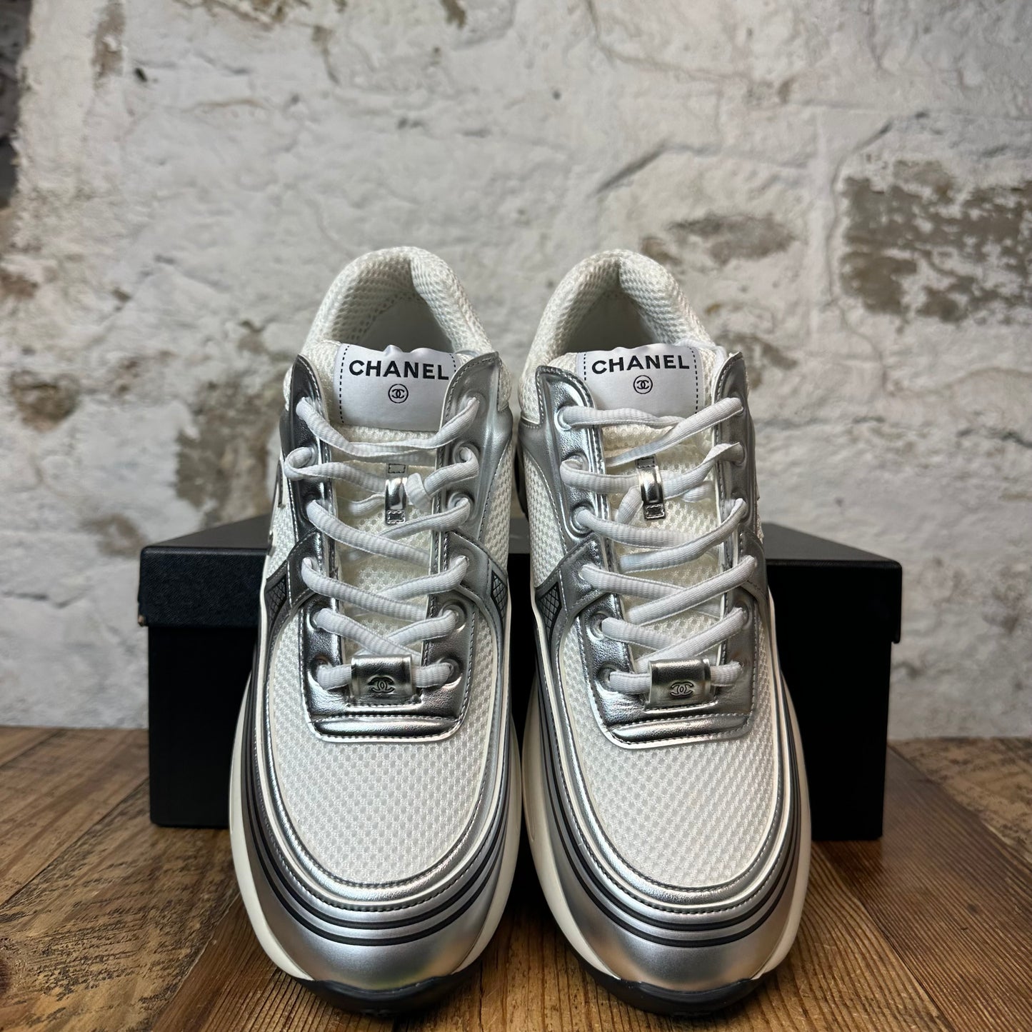 Chanel SIlver CC Cream White Trainer Sneaker Sz 8.5 (41.5) DS