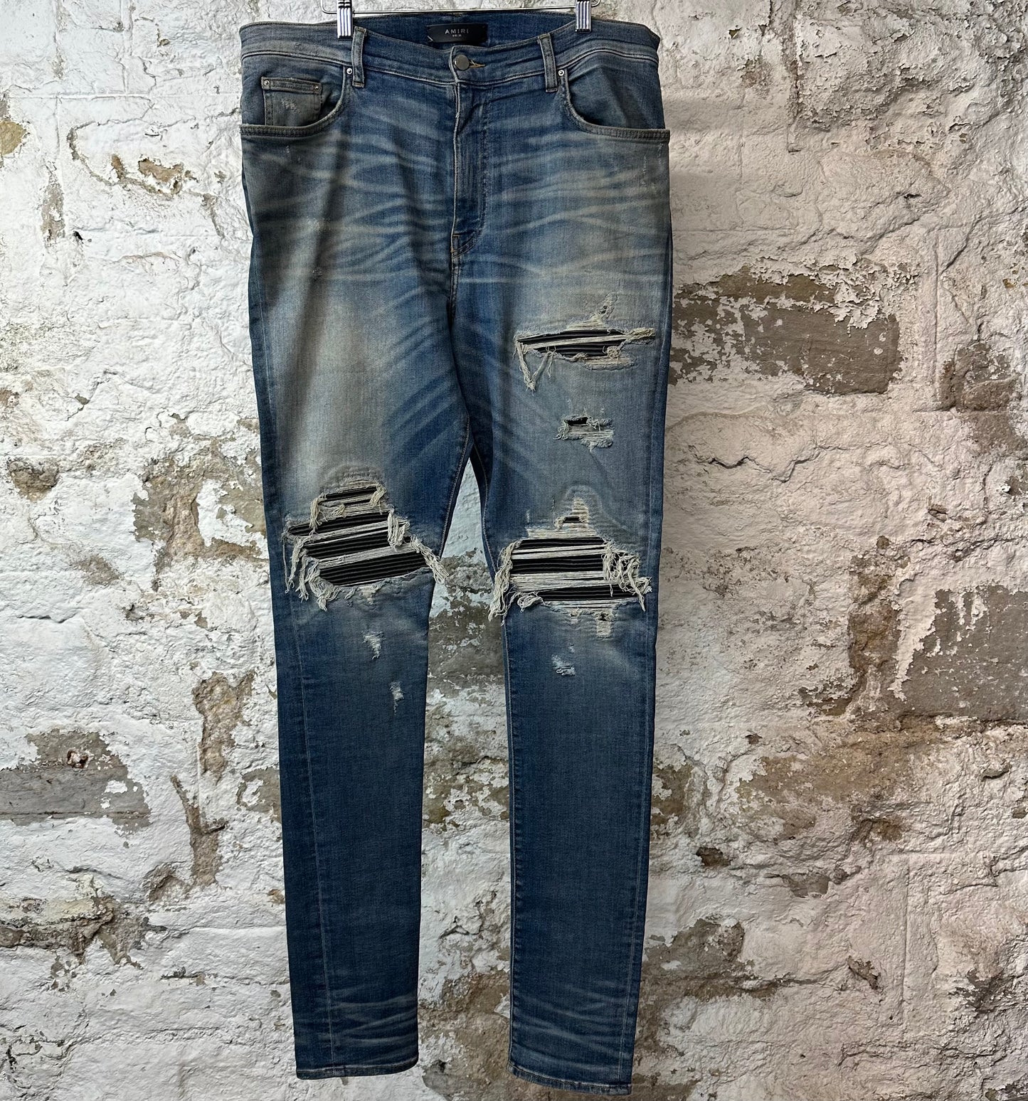 Amiri MX1 Black Leather Blue Denim Jeans Sz 38