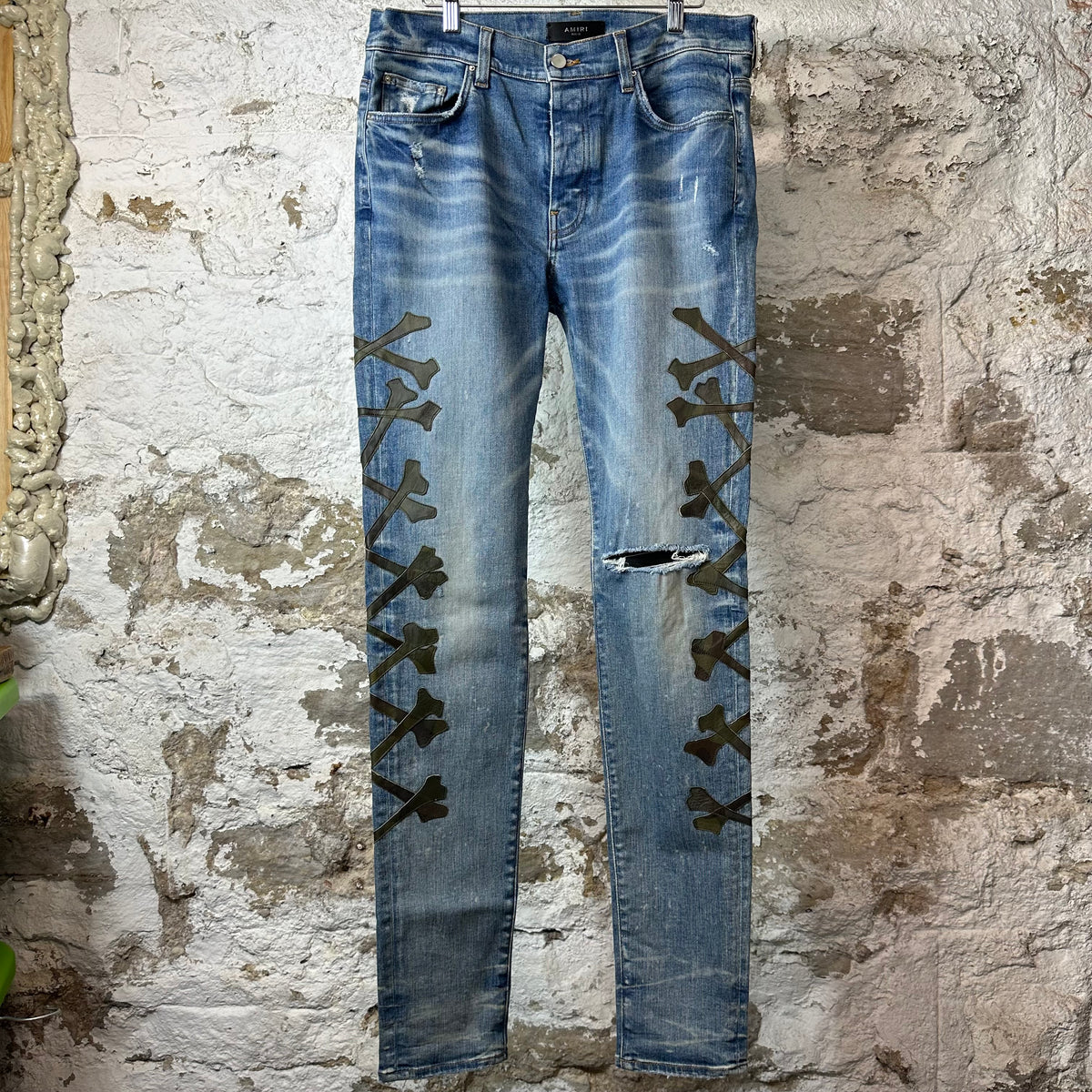 Amiri Green Camo Bones Blue Denim Jeans Sz 33