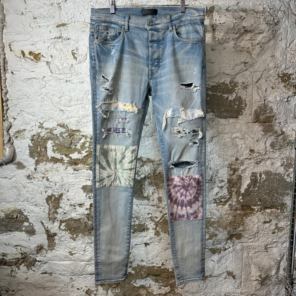 Amiri Multicolor Paisley Patches Blue Denim Jeans Sz 34
