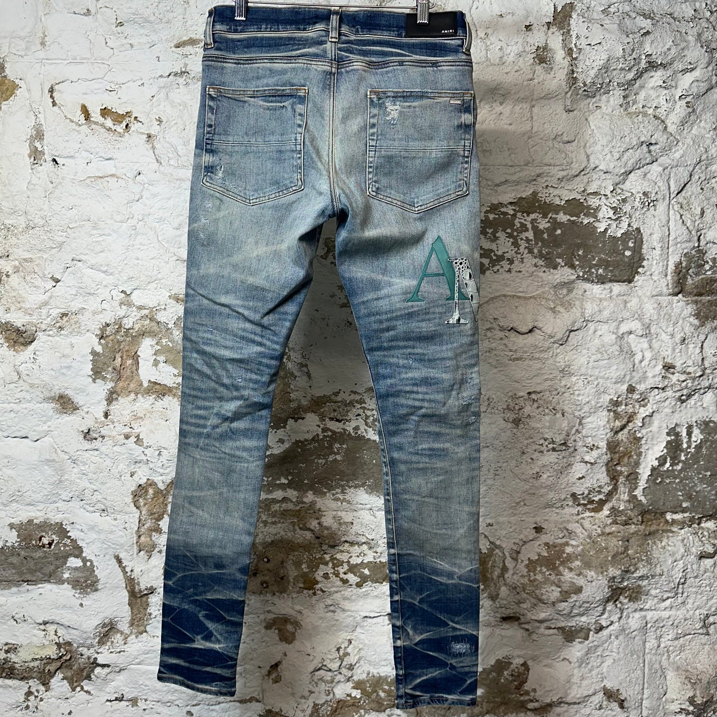 Amiri Leather Stagger Spell Distressed Blue Denim Jeans Sz 31