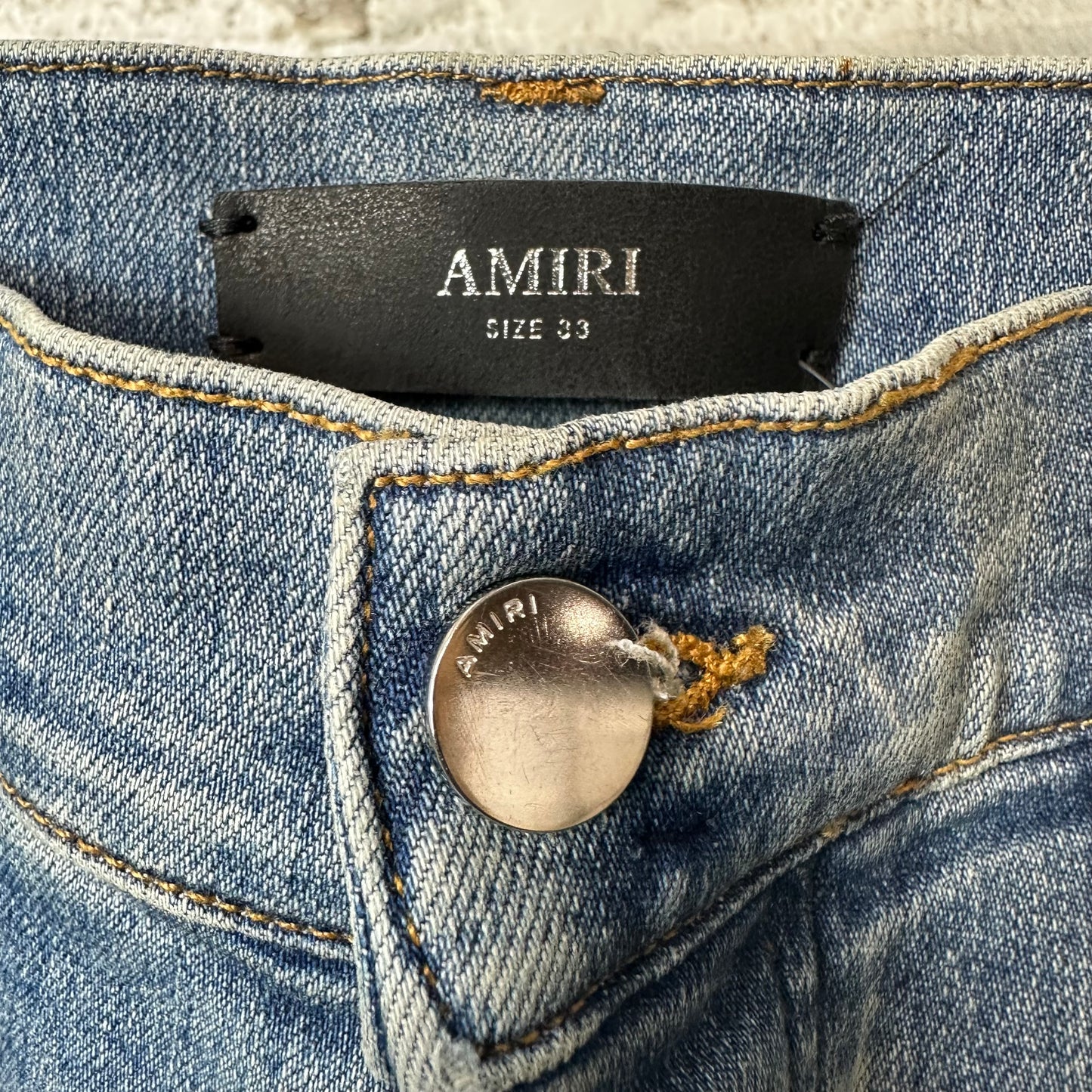Amiri MX1 Blue Gold Patch Blue Denim Jeans Sz 33