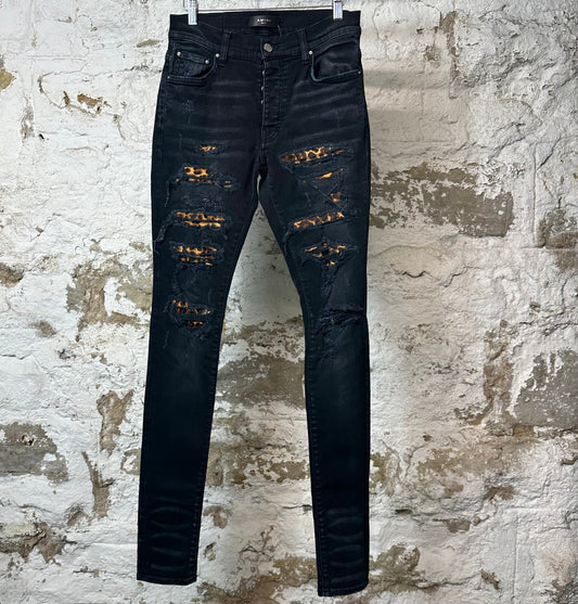 Amiri Leopard Print Black Denim Jeans Sz 28