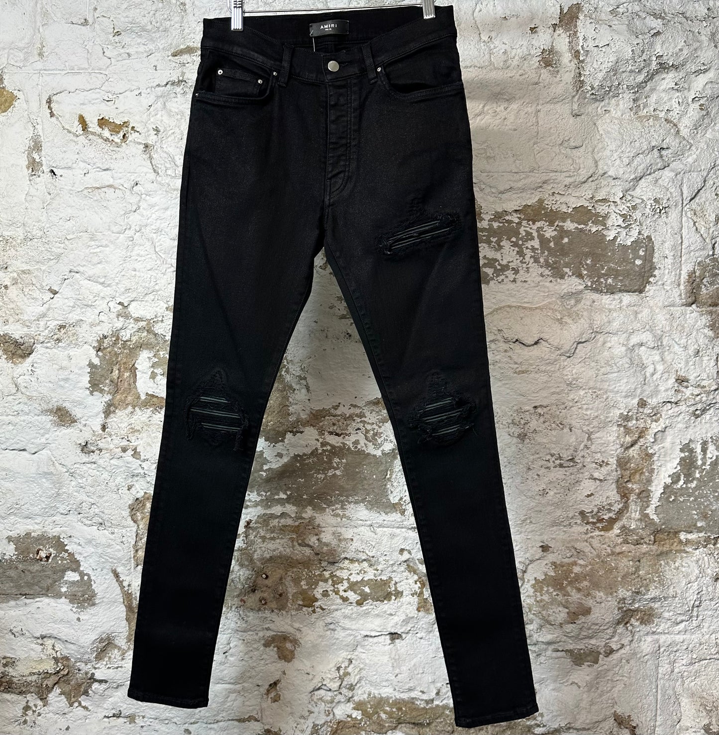 Amiri MX1 Black Leather Black Waxed Thrasher Denim Jeans Sz 30