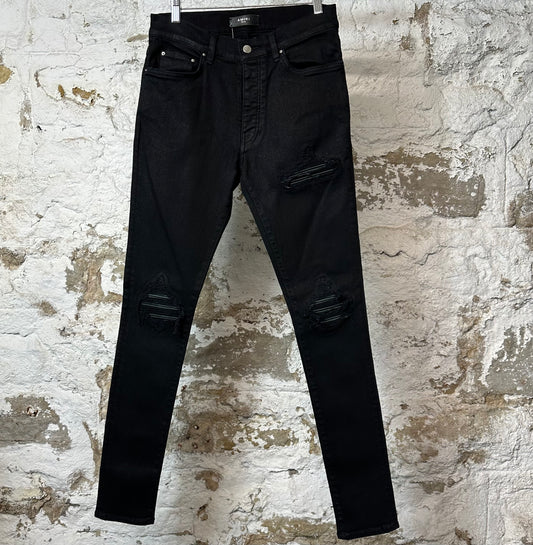 Amiri MX1 Black Leather Black Waxed Thrasher Denim Jeans Sz 30
