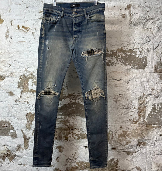 Amiri MX1 Plaid Dirty Blue Denim Jeans Sz 31
