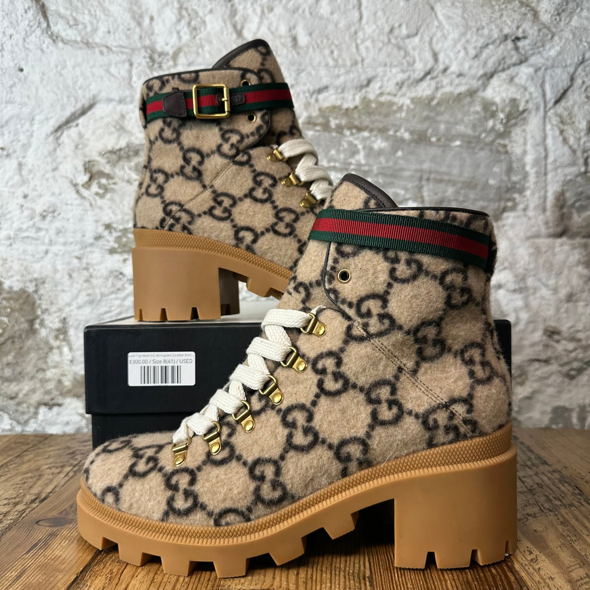 Gucci Trip Wool GG Monogram Combat Boot Sz 8 (41)