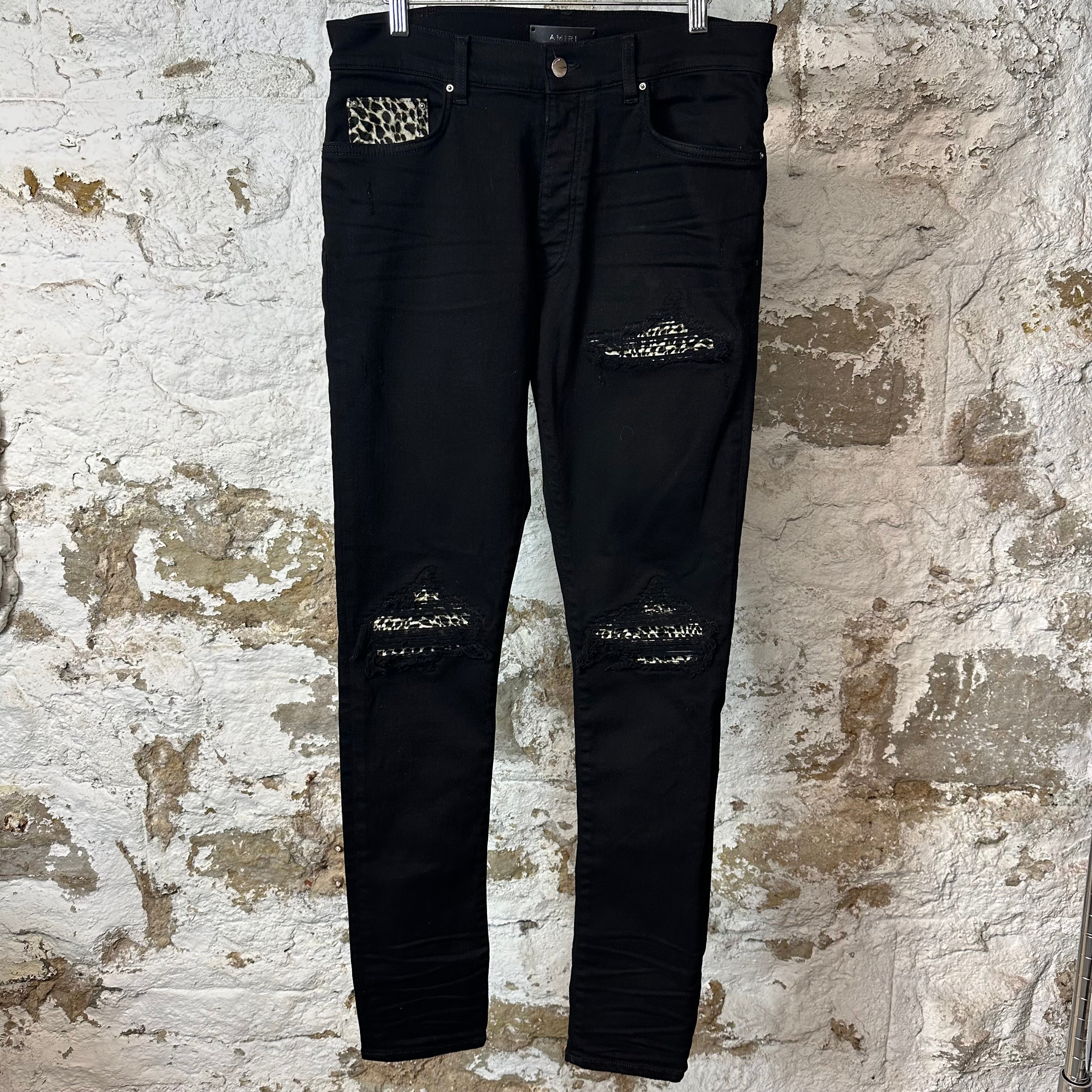 Amiri MX1 Cheetah Print Black Denim Jeans Sz 32