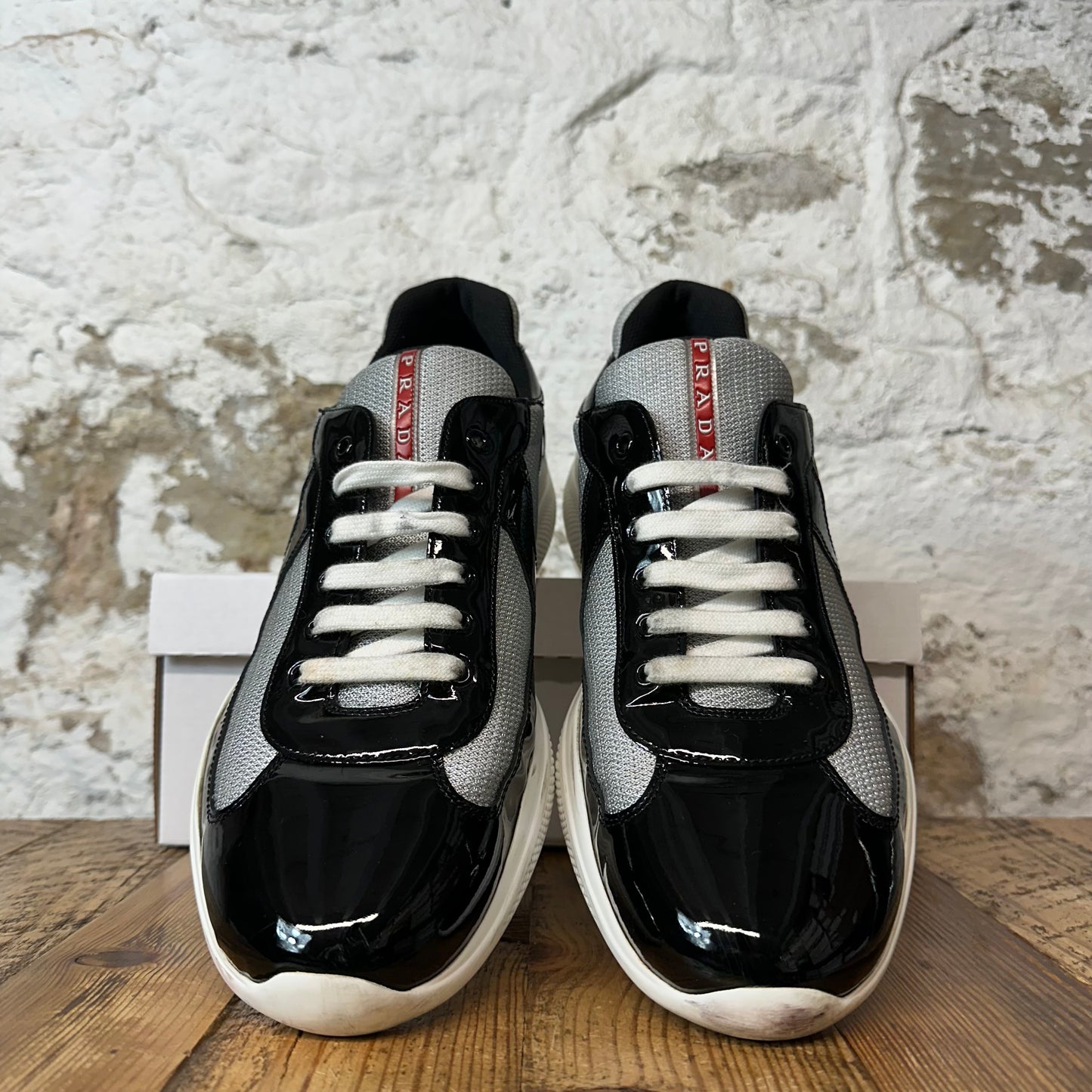 Prada Americas Cup Black Patent Gray White Sneaker Sz 13