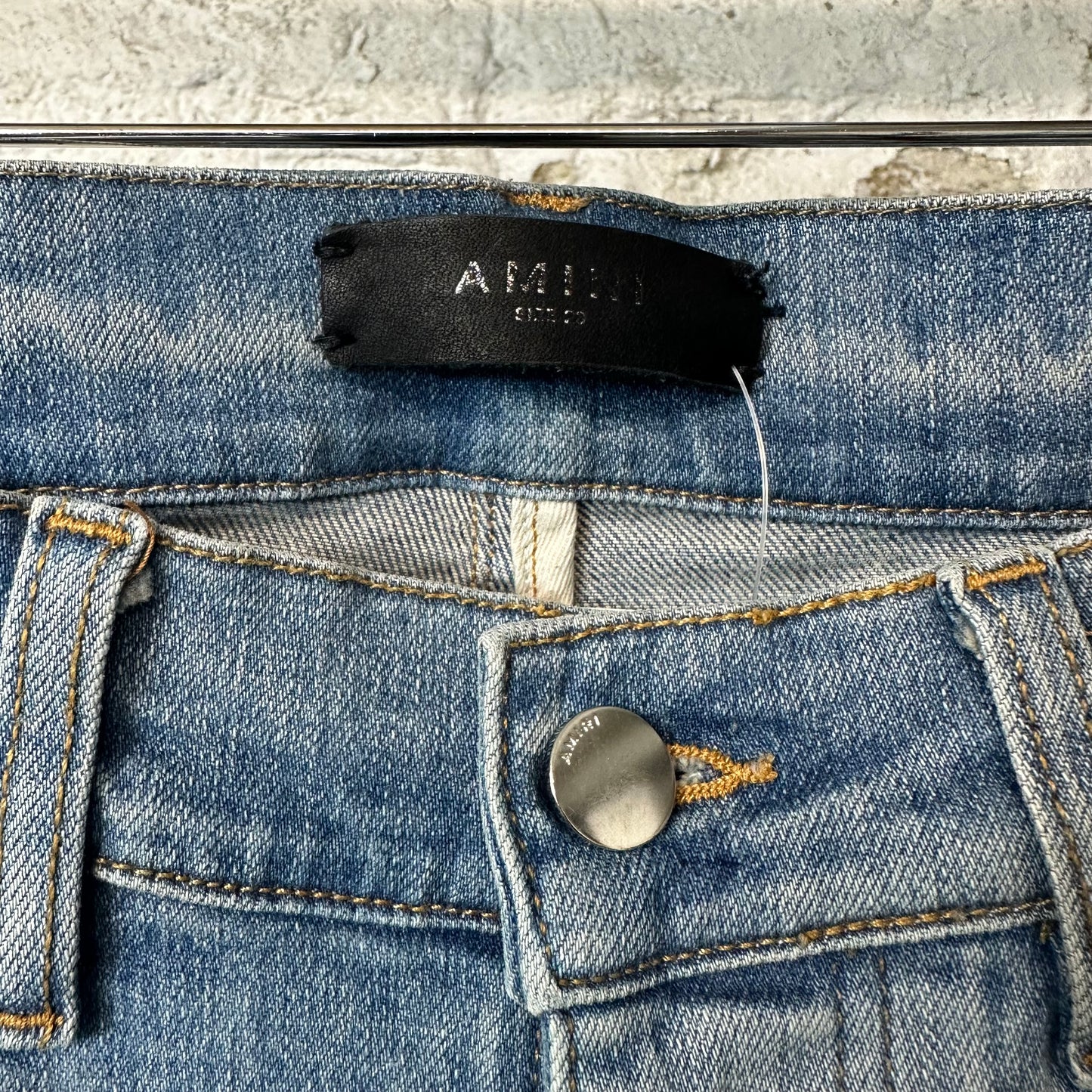 Amiri Brown Leather Spell Blue Denim Jeans Sz 28
