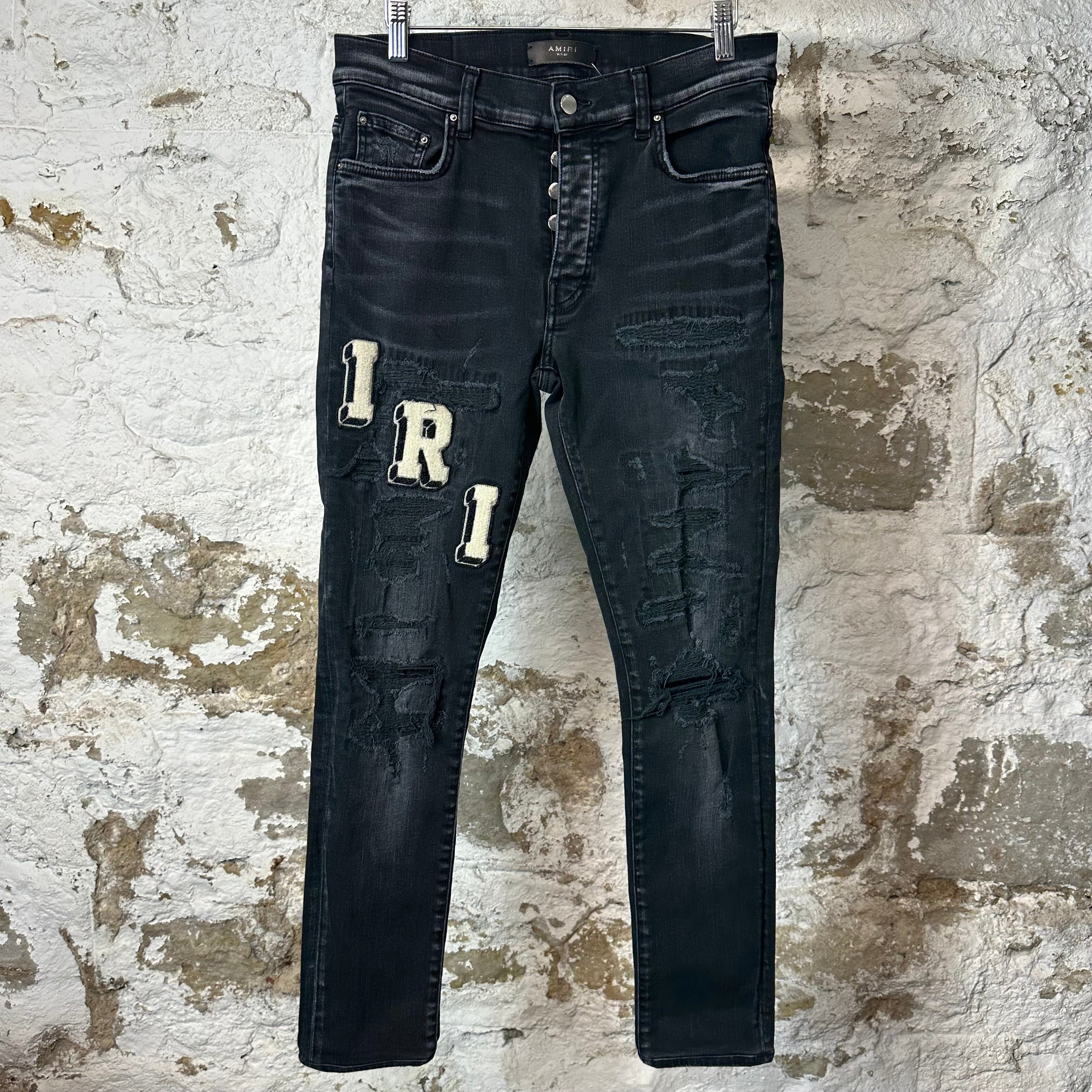 Amiri Varsity Felt Spell Distressed Denim Jeans Sz 30