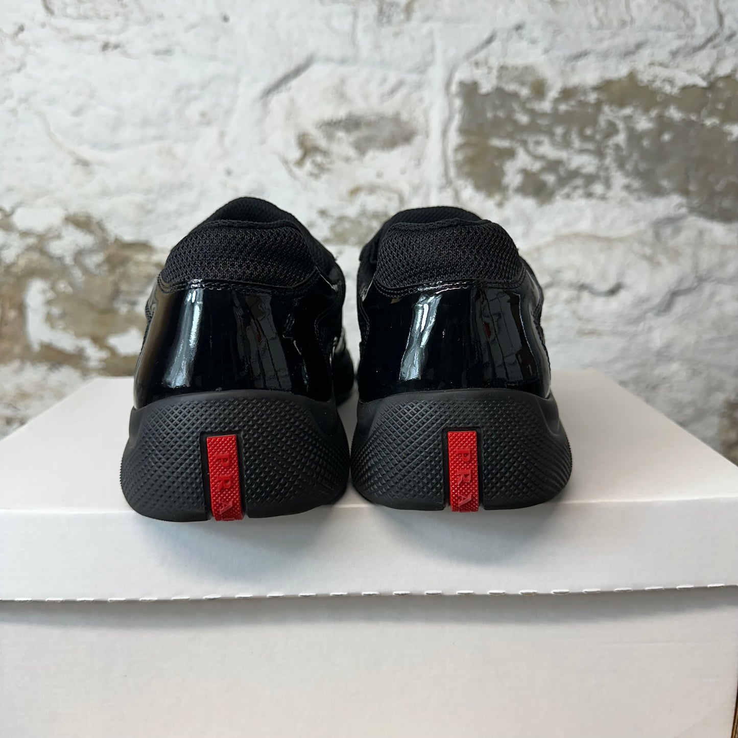 Prada Americas Cup Triple Black Patent Sneaker Sz 8