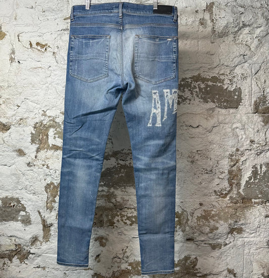 Amiri Knee Rip Distress Side Spell Blue Denim Jeans Sz 34