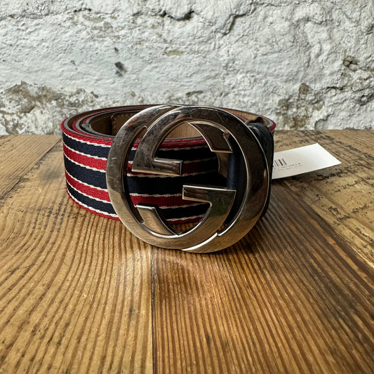 Gucci Red Navy Web Striped Belt Sz (105/42)