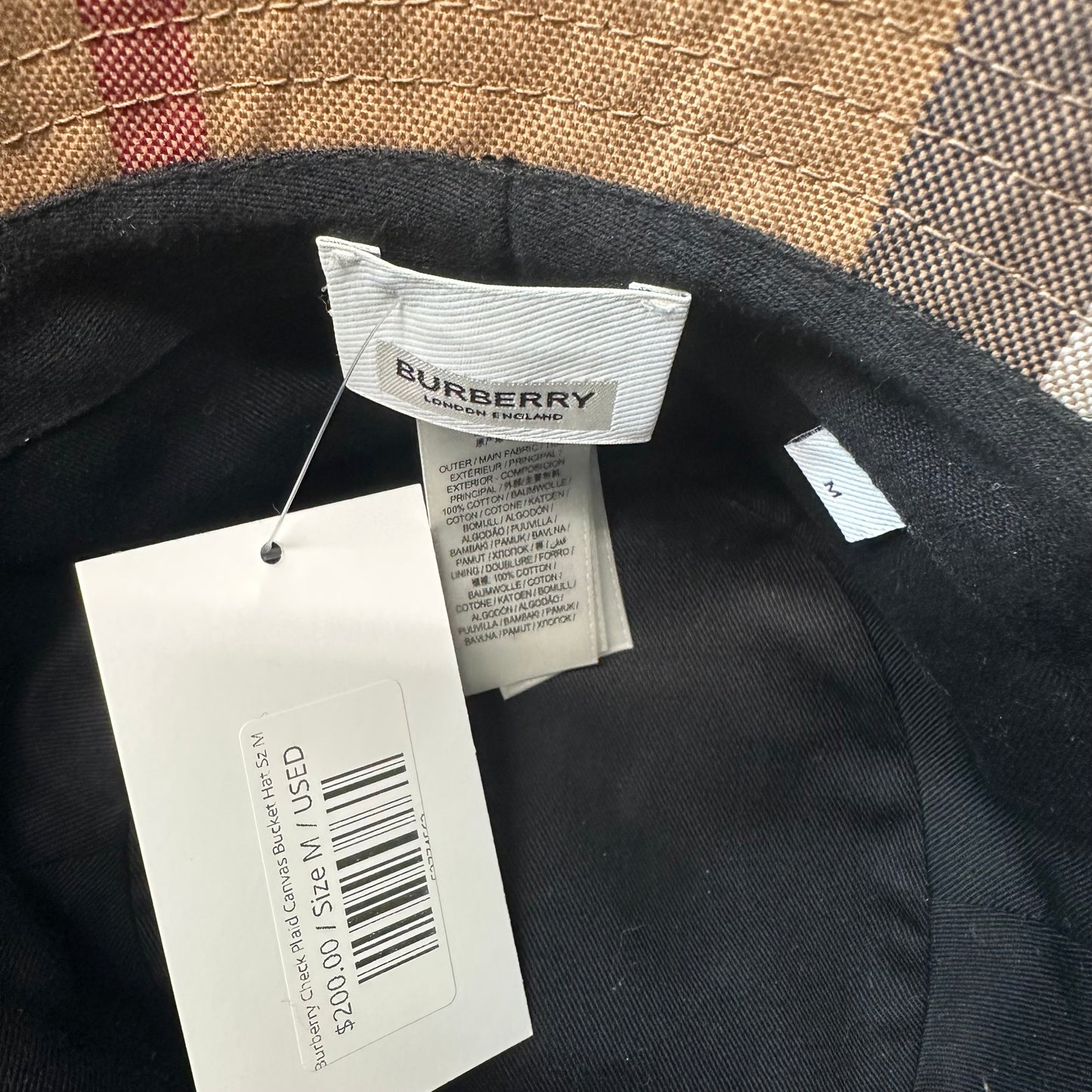 Burberry Check Plaid Canvas Bucket Hat Sz M