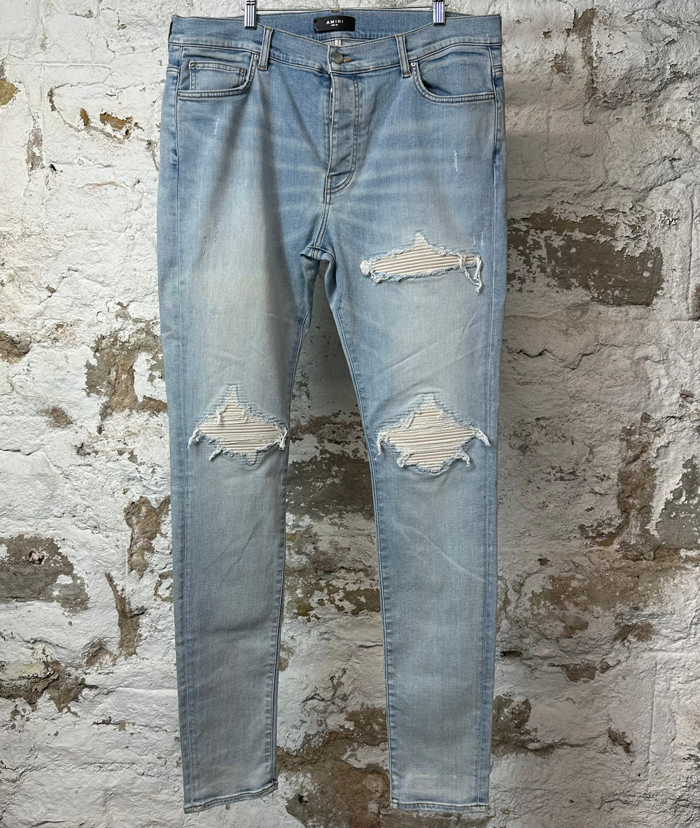 Amiri MX1 Cream Suede Light Wash Blue Denim Jeans Sz 38