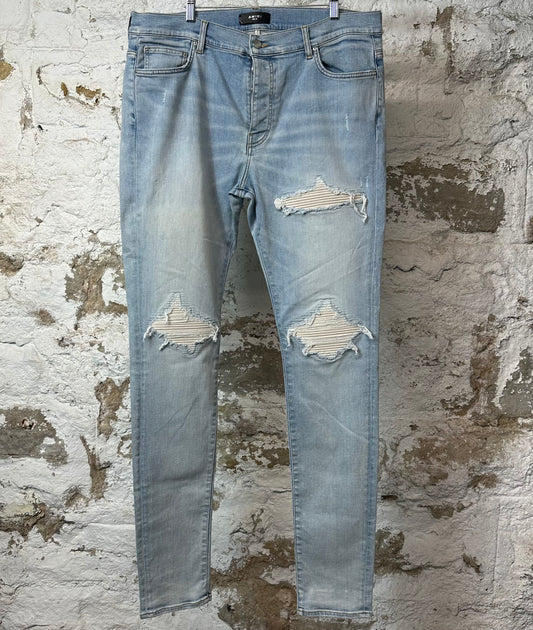 Amiri MX1 Cream Suede Light Wash Blue Denim Jeans Sz 38