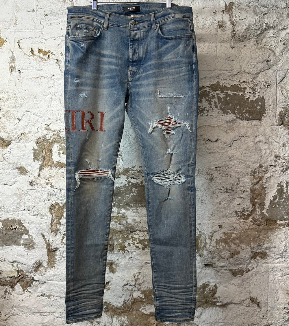 Amiri Brown Leather Spell Blue Denim Jeans Sz 36