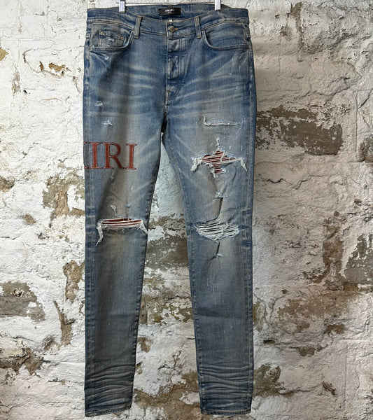 Amiri Brown Leather Spell Blue Denim Jeans Sz 36
