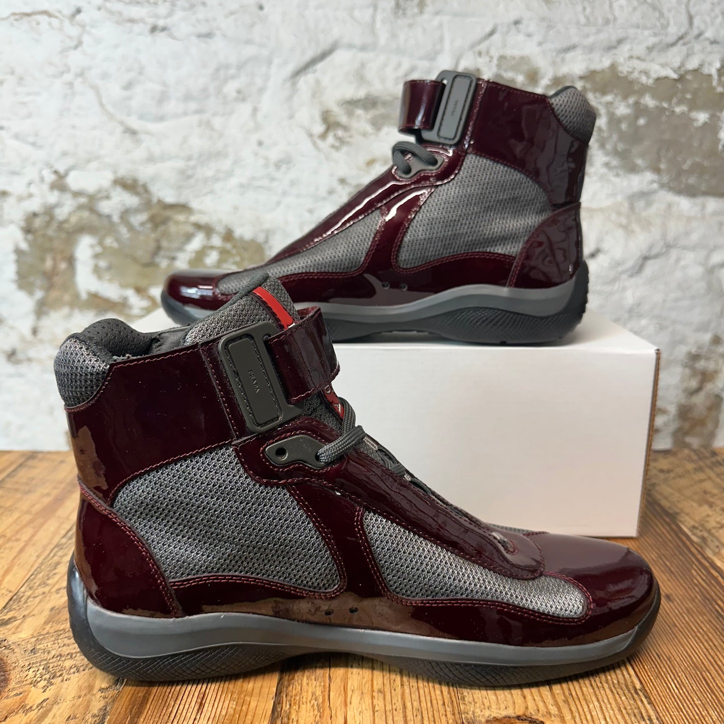 Prada High Americas Cup Vintage Maroon Patent Grey Sneaker Sz 7