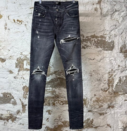 Amiri MX1 Black Leather Grey Denim Jeans Sz 28