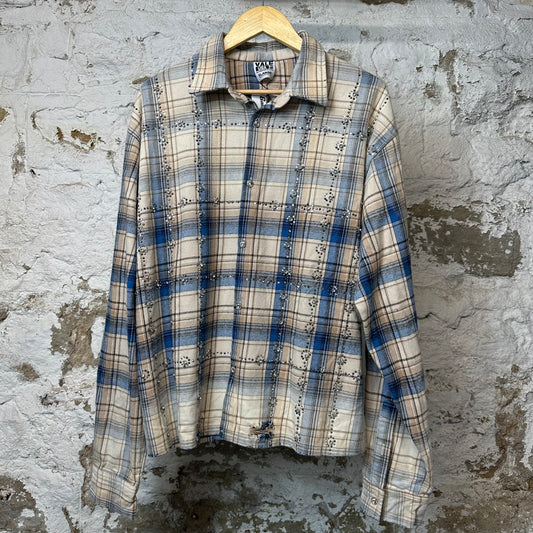 Vale Blue Tan Plaid Rhinestone Button Up Flannel Sz XL