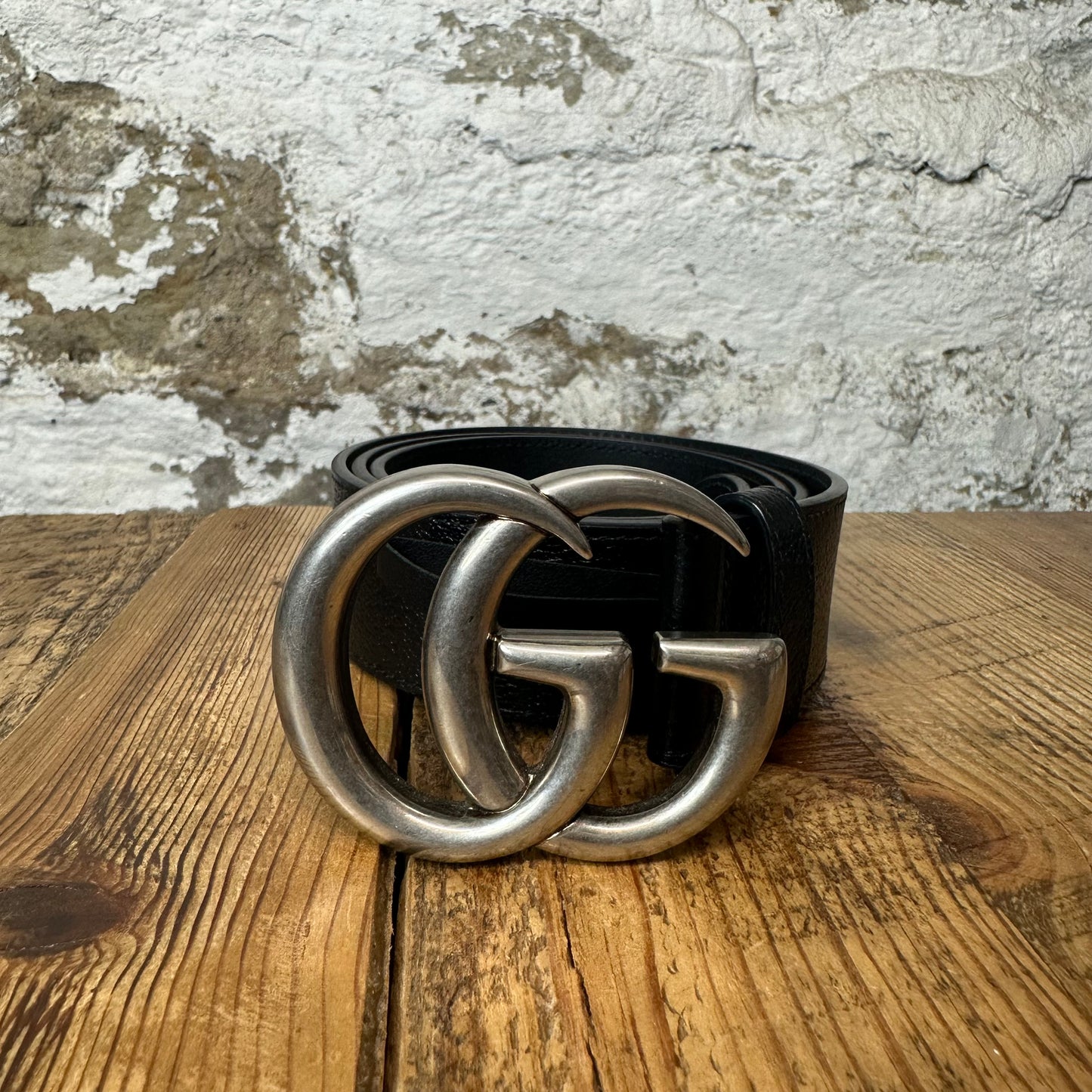 Gucci Silver GG Black Leather Belt Sz (90/36) W/ Box