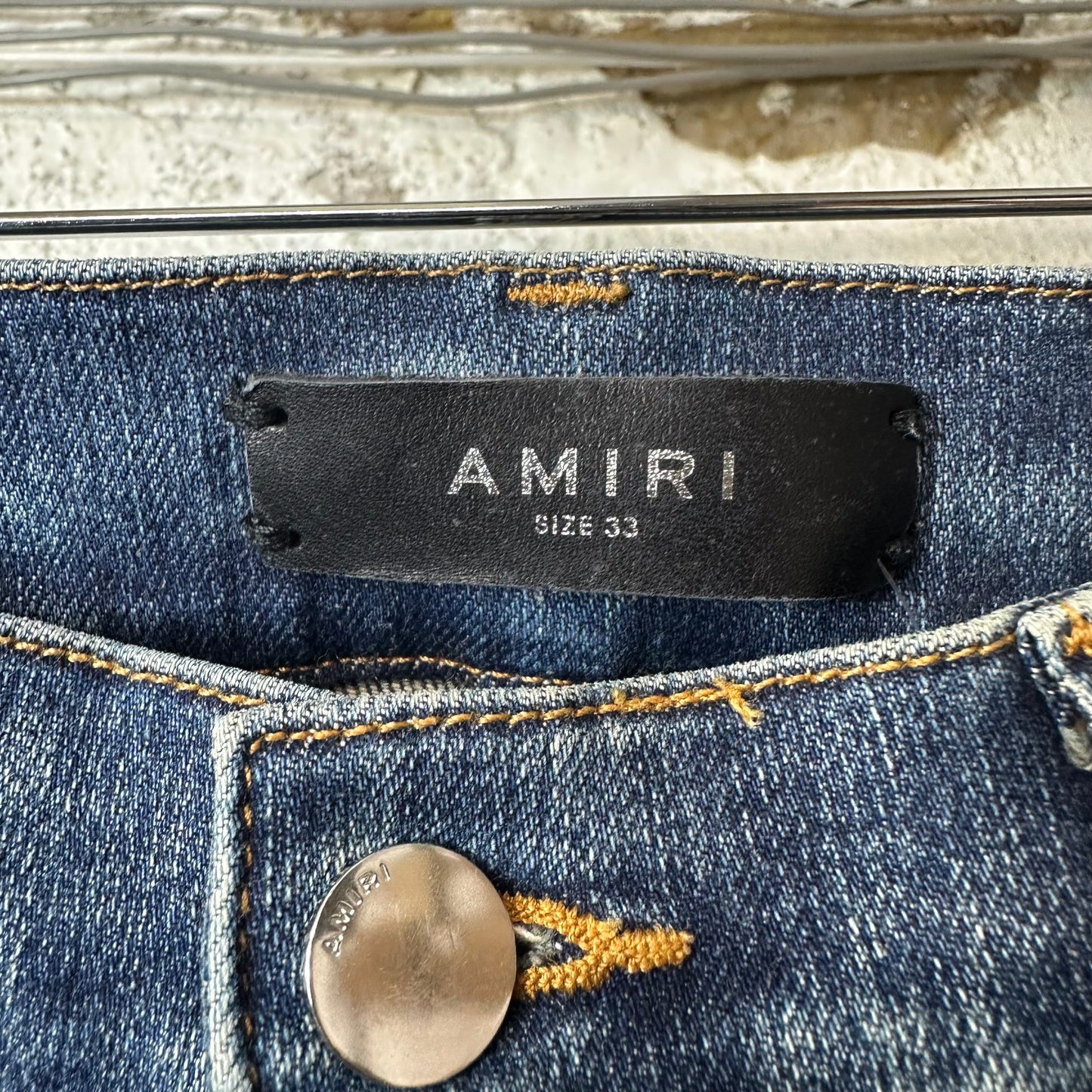 Amiri MX1 Orange Suede Dark Blue Denim Jeans Sz 33