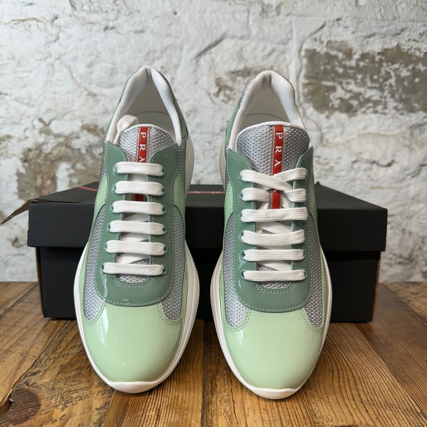 Prada Americas Cup Rugiada Patent Grey White Sneaker Sz 8 DS