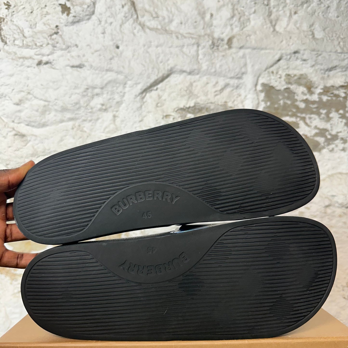 Burberry Blue Plaid Black Slides Sz 12 (45)