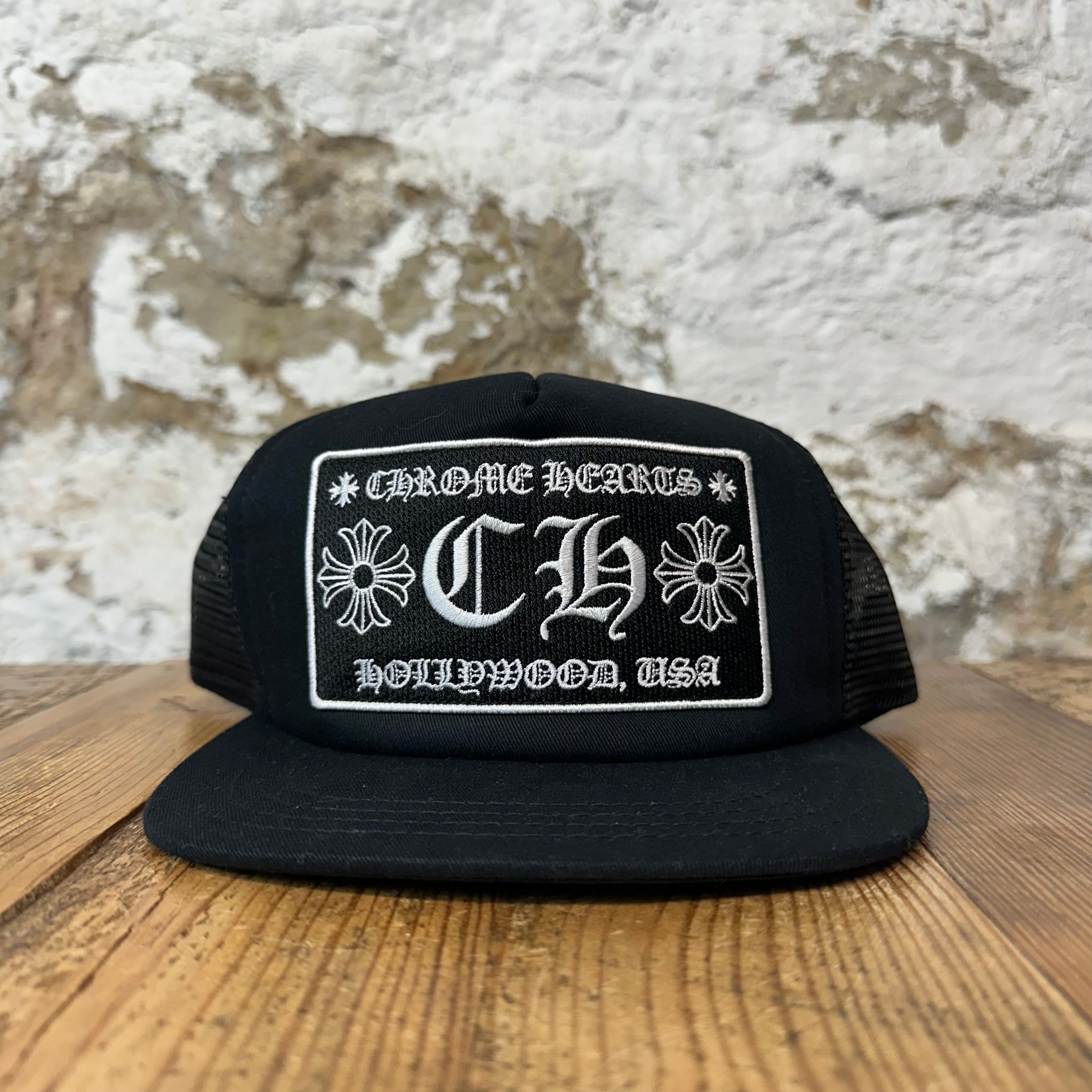 Chrome Hearts CH Hollywood Black White Trucker Hat DS