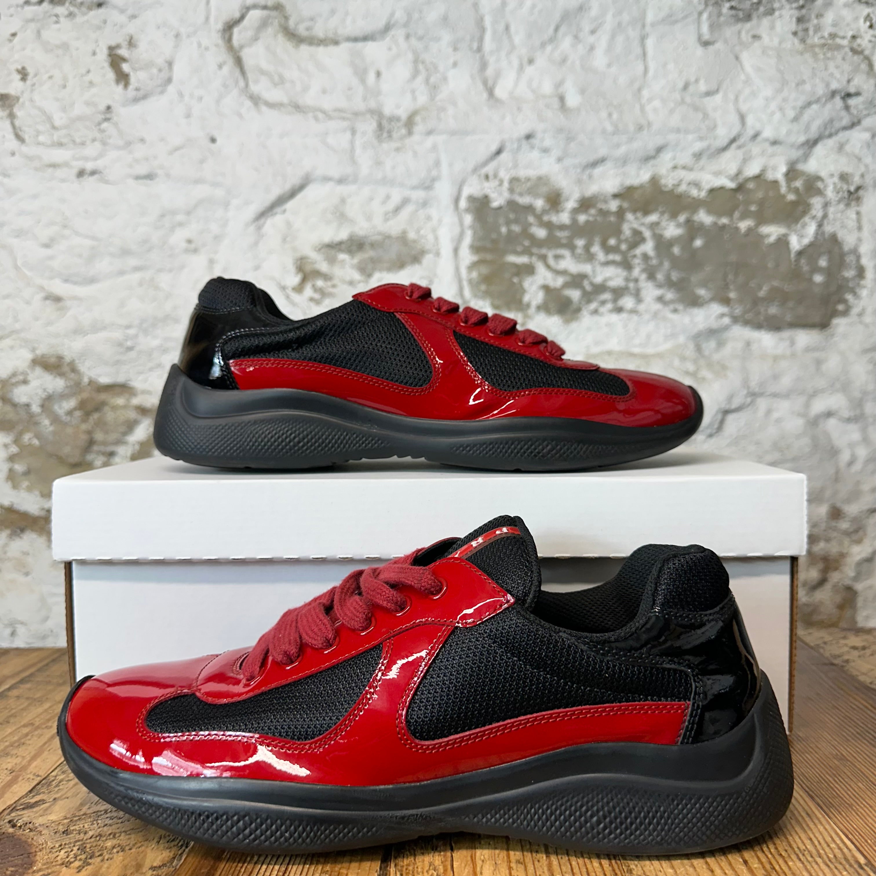 Prada Americas Cup Red Patent Black Sneaker Sz 7.5