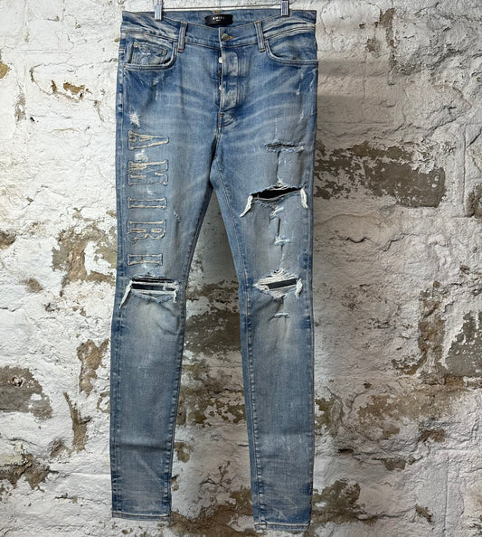 Amiri Distressed Side Spell Blue Denim Jeans Sz 33