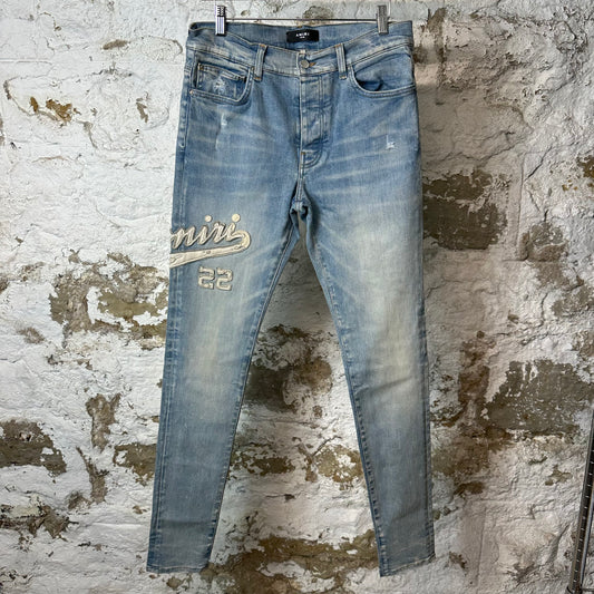 Amiri Varsity 22 Patch Blue Denim Jeans Sz 32