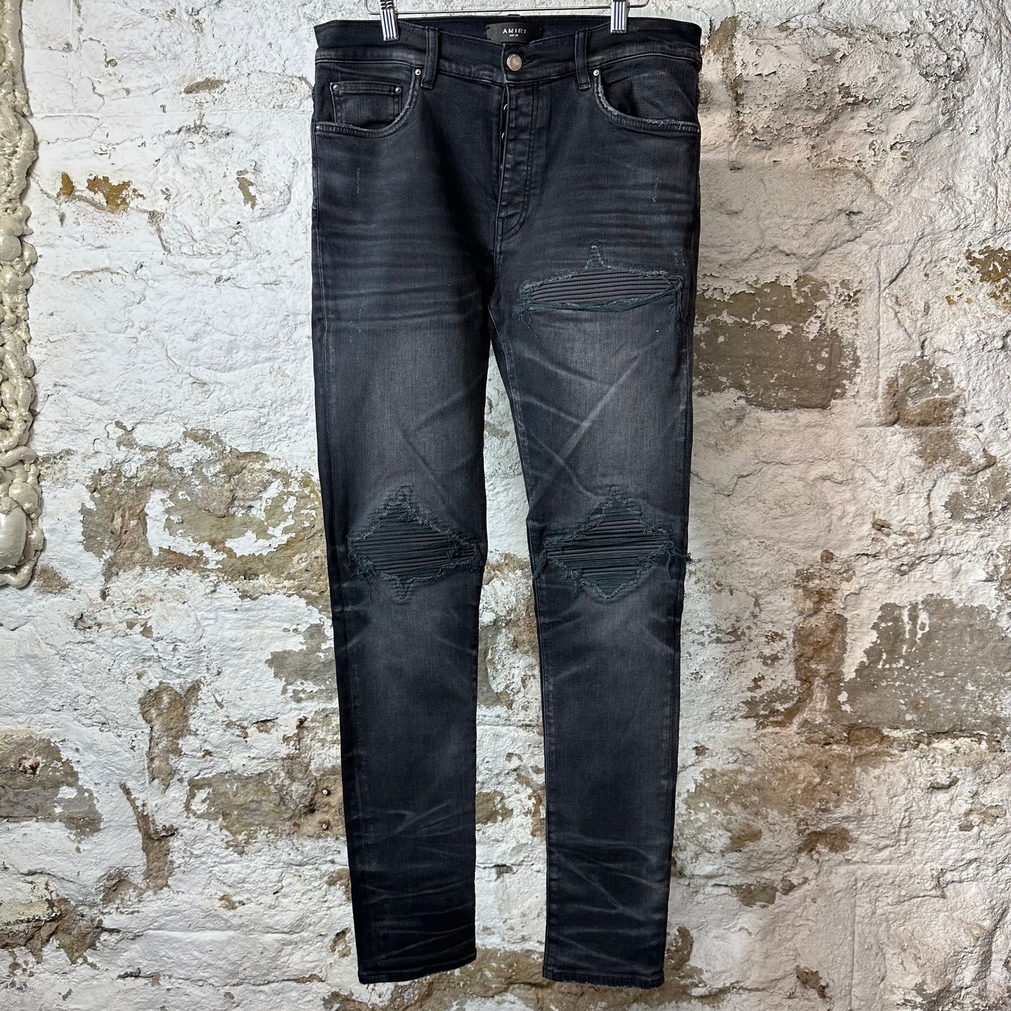Amiri MX1 Grey Suede Faded Black Denim Jeans Sz 33