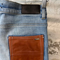 Amiri Brown Leather Spell Blue Denim Jeans Sz 31