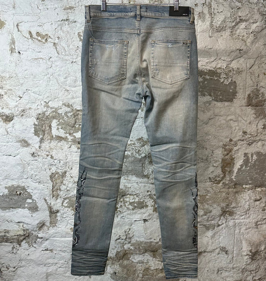 Amiri Black Grey Bandana Flames Blue Denim Jeans