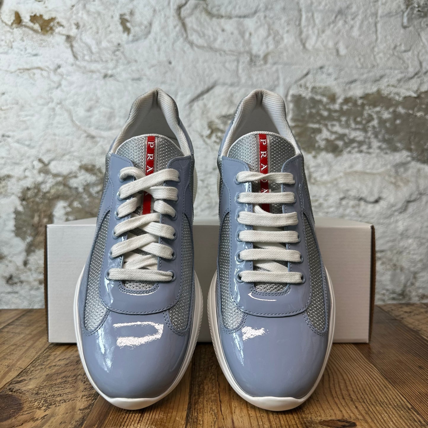 Prada Americas Cup Celeste Patent Grey White Sneaker Sz 9