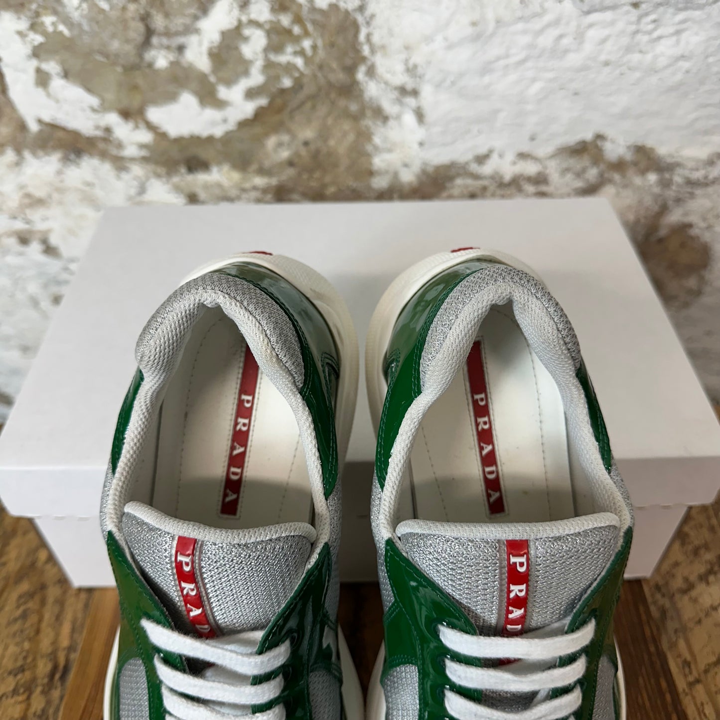 Prada Americas Cup Green Patent Gray White Sneaker Sz 8.5