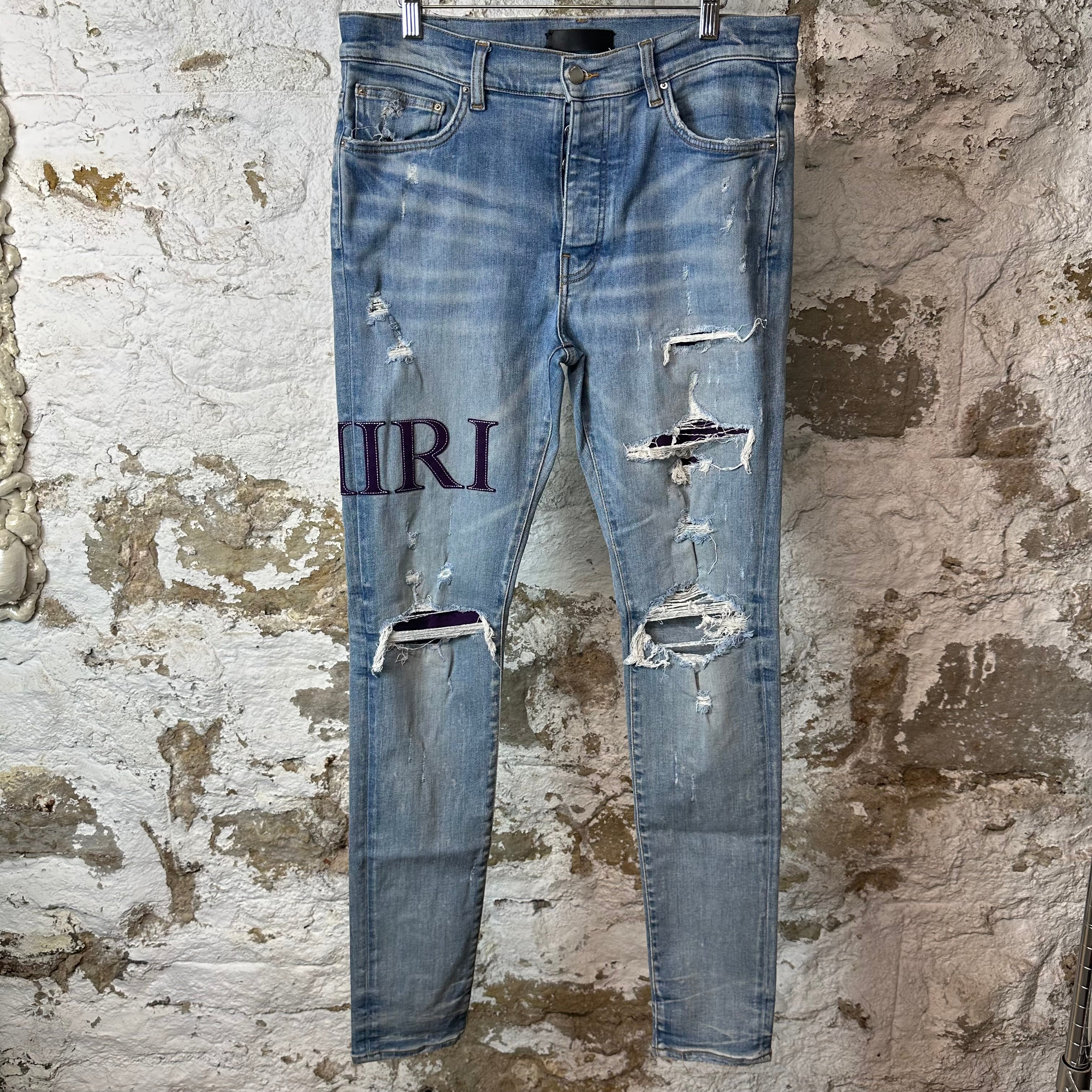 Amiri Purple Suede Core Logo Blue Denim Jeans Sz 34