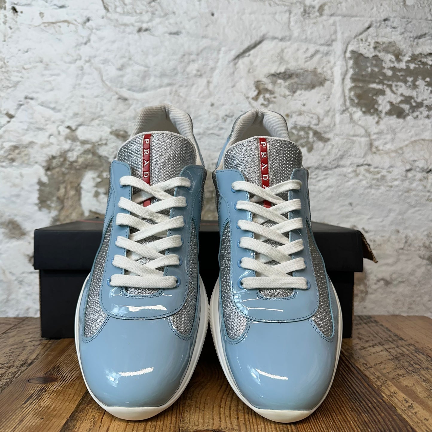 Prada Americas Cup Baby Blue Patent Grey White Sneaker Sz 14