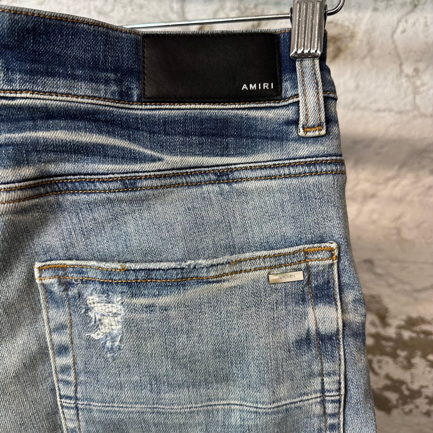 Amiri Leather Stagger Spell Distressed Blue Denim Jeans Sz 31