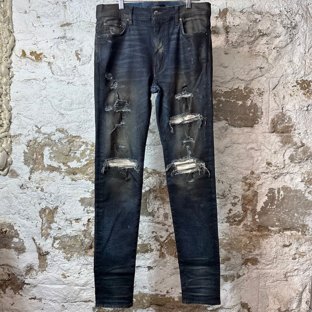 Amiri MX1 Beige Knitted Waxed Blue Denim Jeans Sz 34