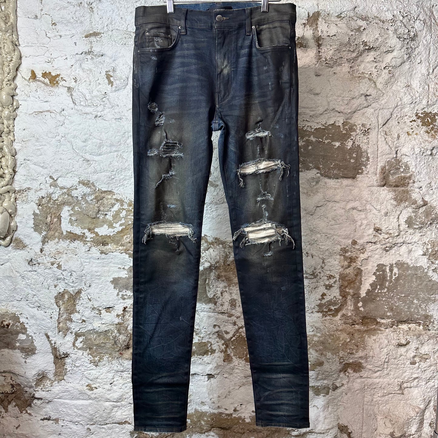 Amiri MX1 Beige Knitted Waxed Blue Denim Jeans Sz 34