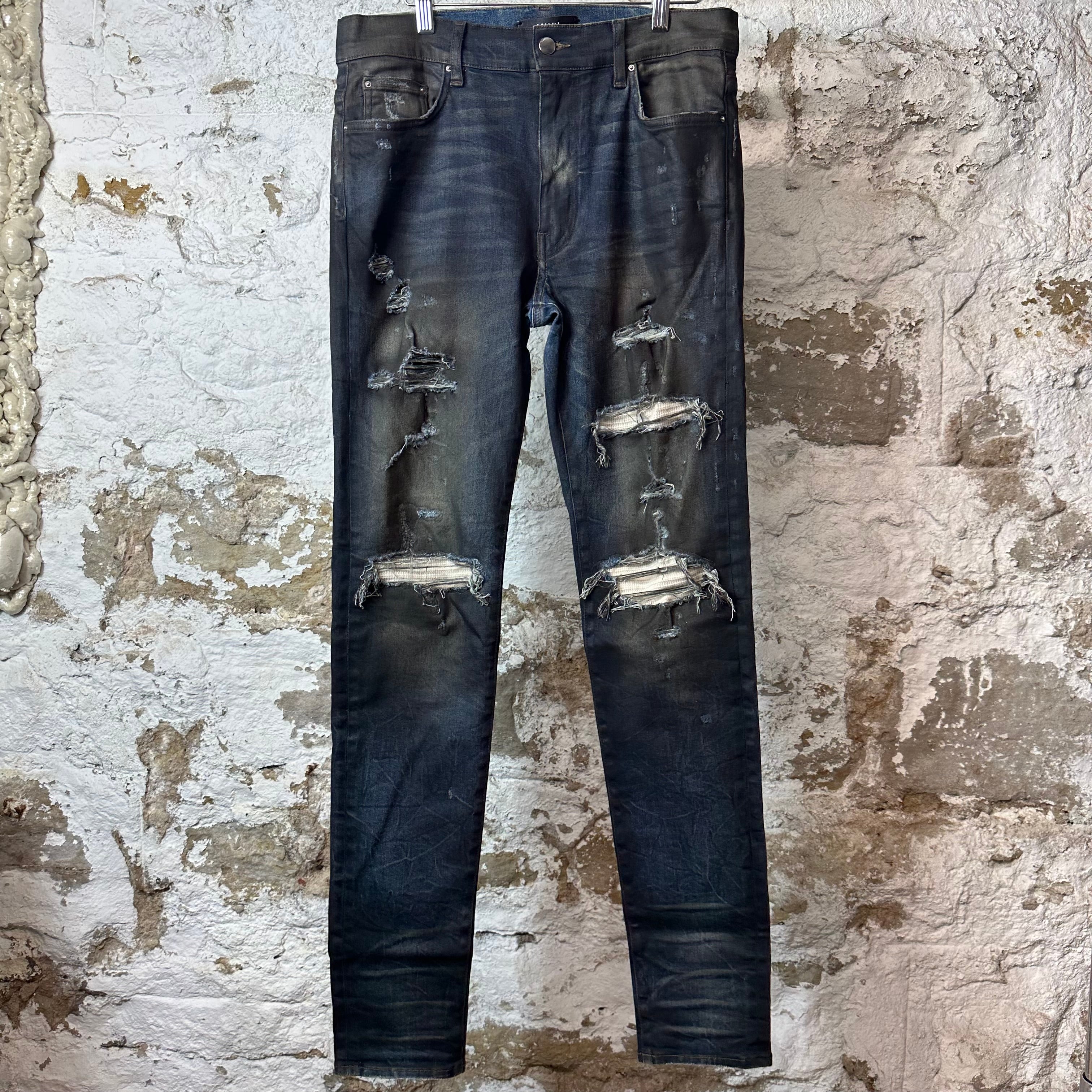 Amiri MX1 Beige Knitted Waxed Blue Denim Jeans Sz 34