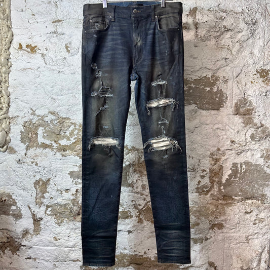 Amiri MX1 Beige Knitted Waxed Blue Denim Jeans Sz 34