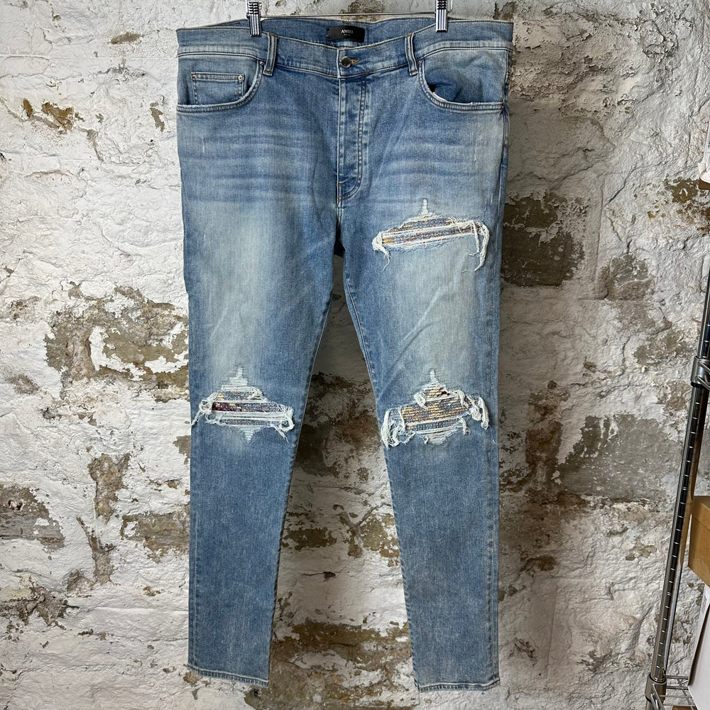 Amiri MX1 Maroon Gold Patch Blue Denim Jeans Sz 40